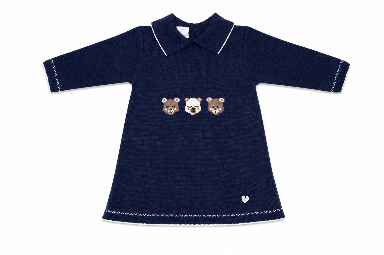Knit Baby Girl Dress with Bear Detail