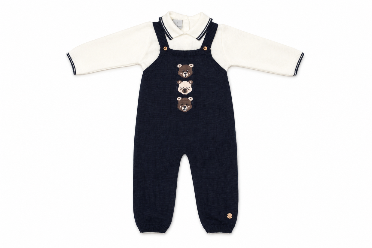Knit Baby Boy Overall Set with Bear Detail