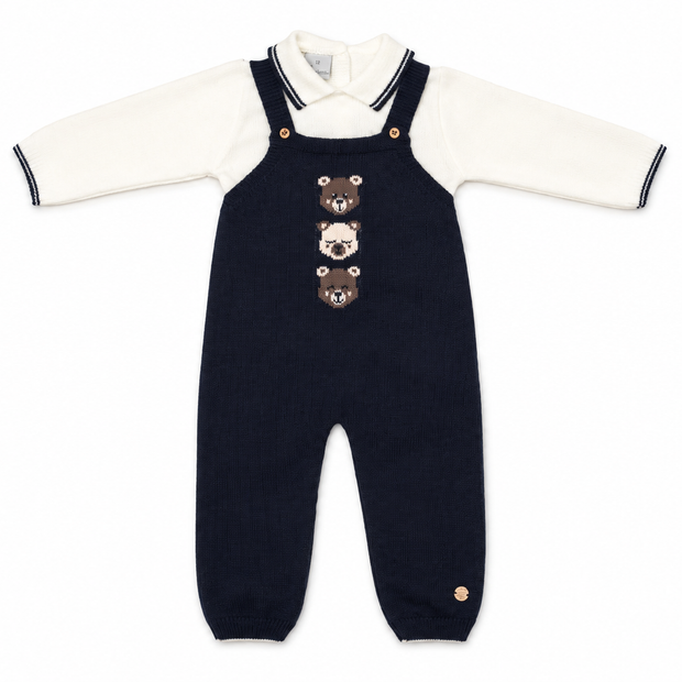 Knit Baby Boy Overall Set with Bear Detail