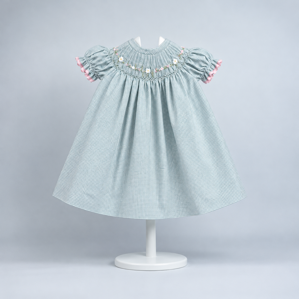 Mint Green Gingham Smocked Girl Dress