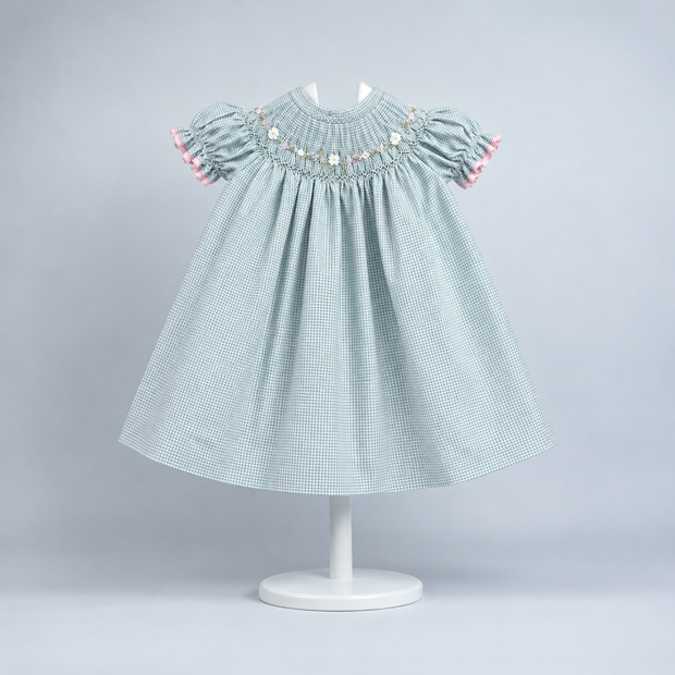 Mint Green Gingham Smocked Girl Dress
