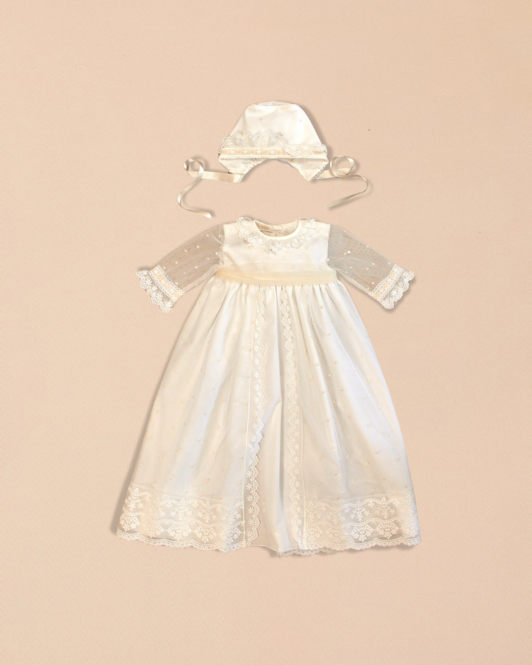 Catherine 2 Piece Baptismal Gown - Satin Ribbon & Bonnet