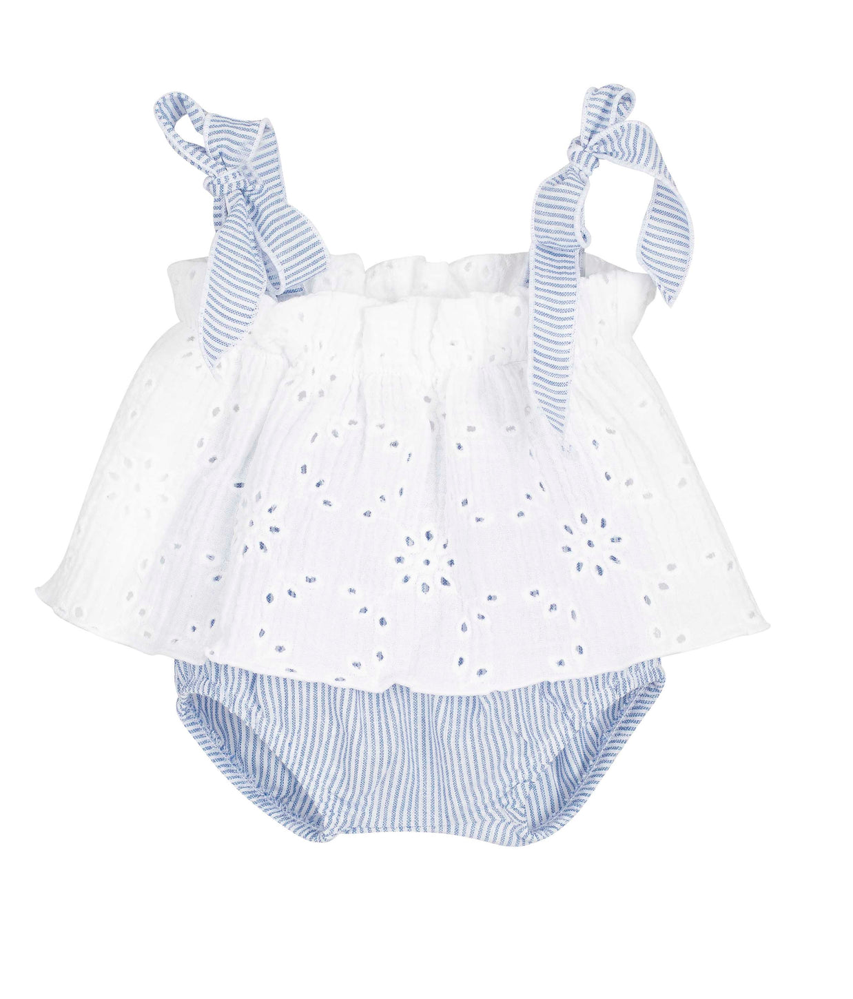 White eyelet top with blue stripped bloomers