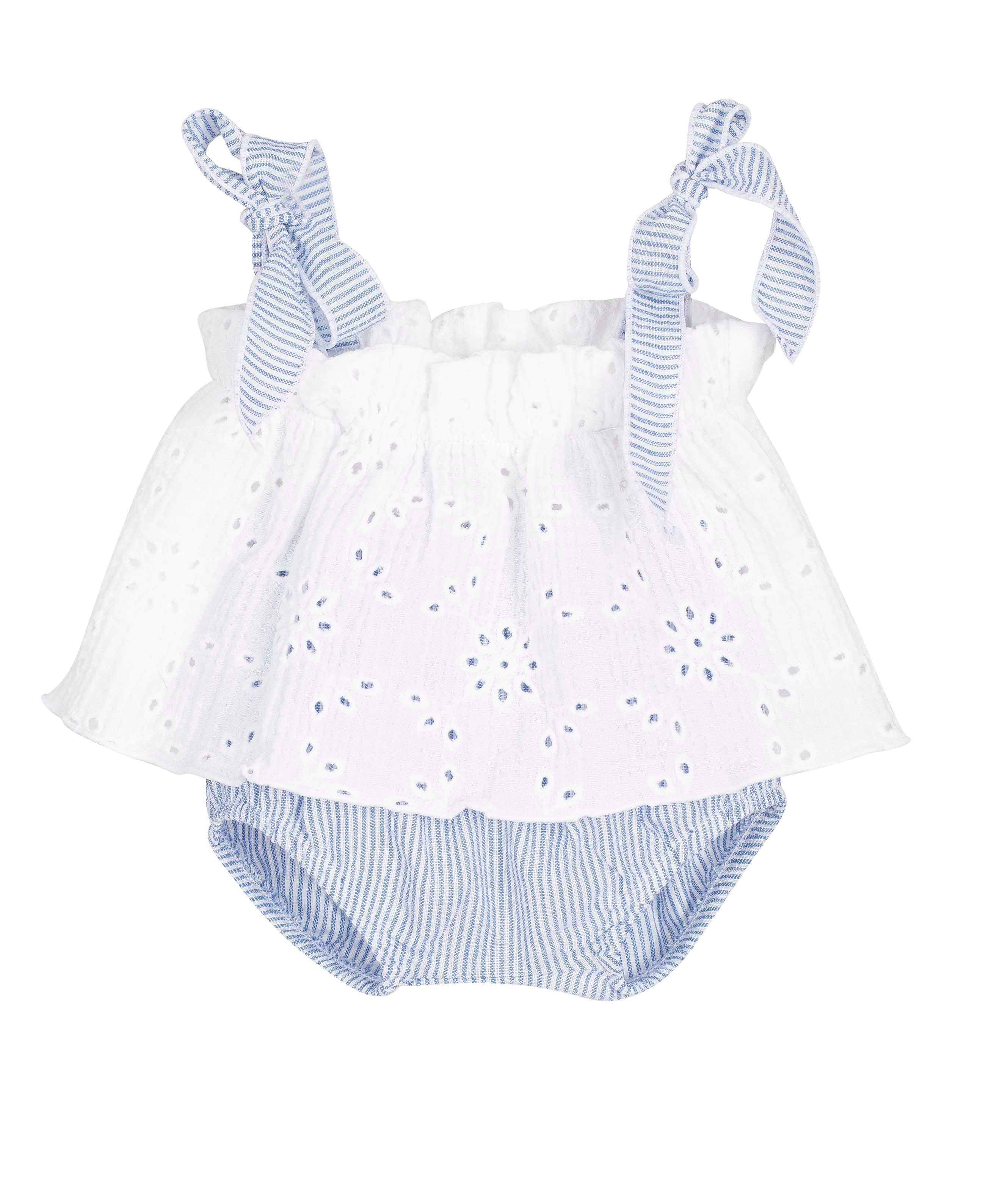 White eyelet top with blue stripped bloomers