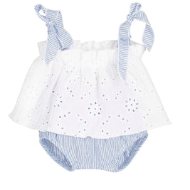 White eyelet top with blue stripped bloomers