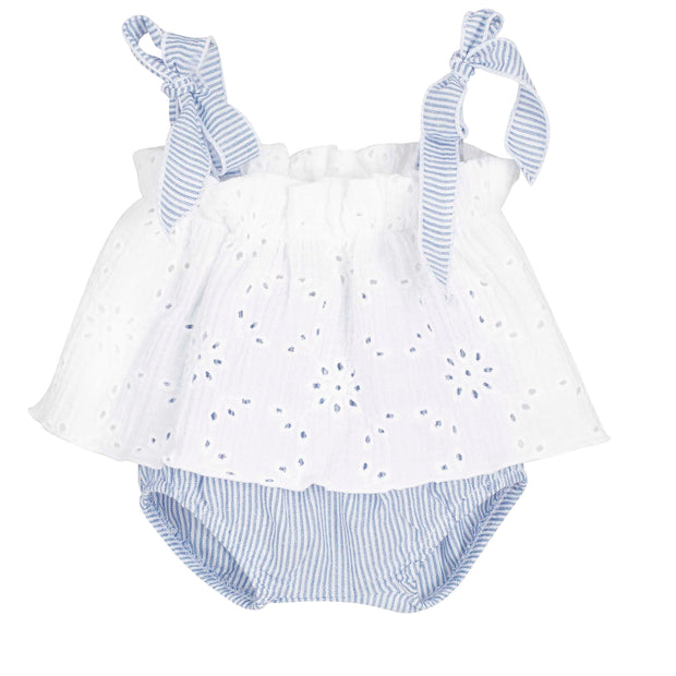 White eyelet top with blue stripped bloomers