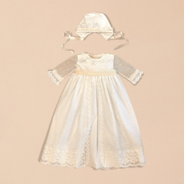 Catherine 2 Piece Baptismal Gown - Satin Ribbon & Bonnet