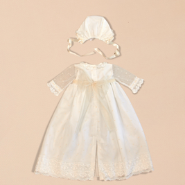 Catherine 2 Piece Baptismal Gown - Satin Ribbon & Bonnet