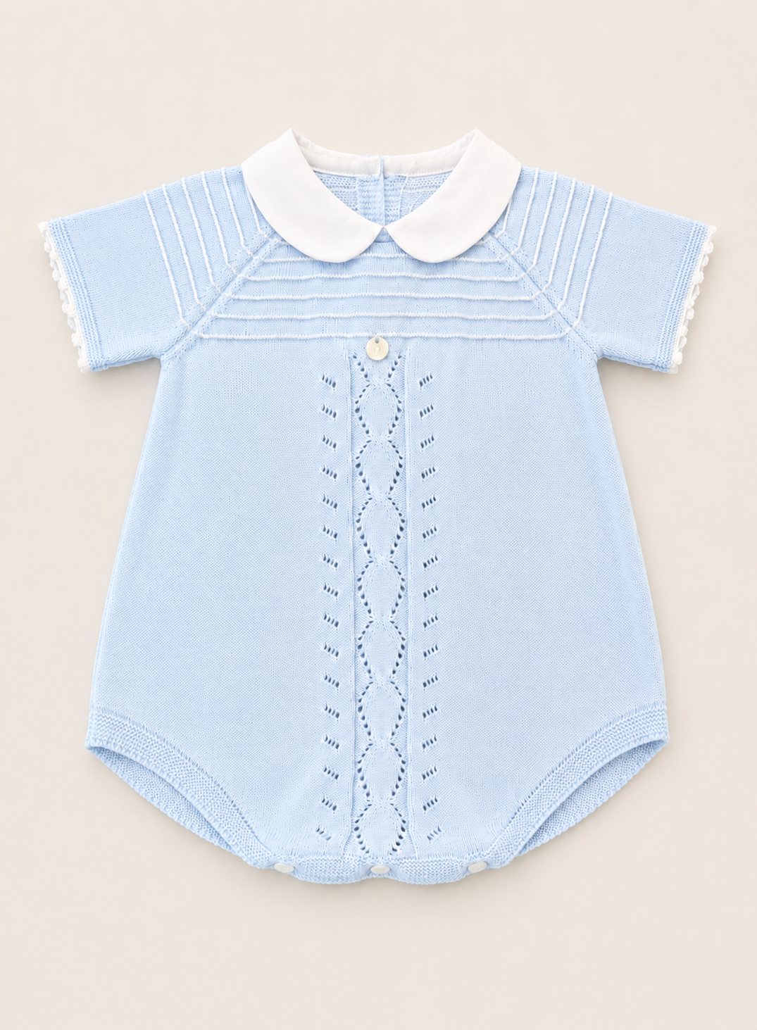 Blue Knit Baby Boy Romper with white Collar