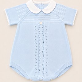Blue Knit Baby Boy Romper with white Collar