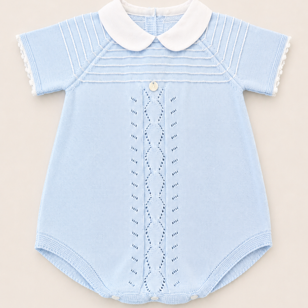 Blue Knit Baby Boy Romper with white Collar