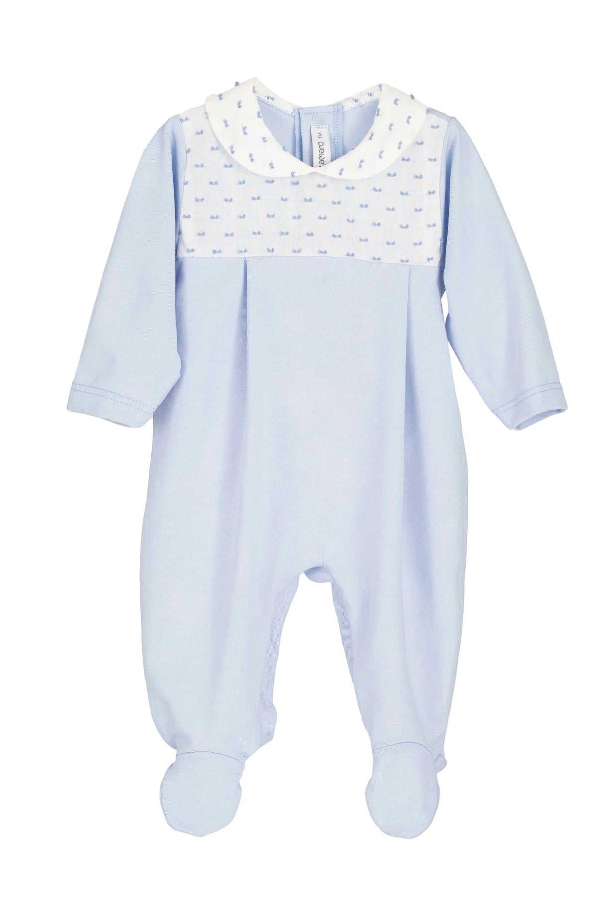 Baby boy blue cotton sleepsuit - soft fotted babygrow with classic collar detail