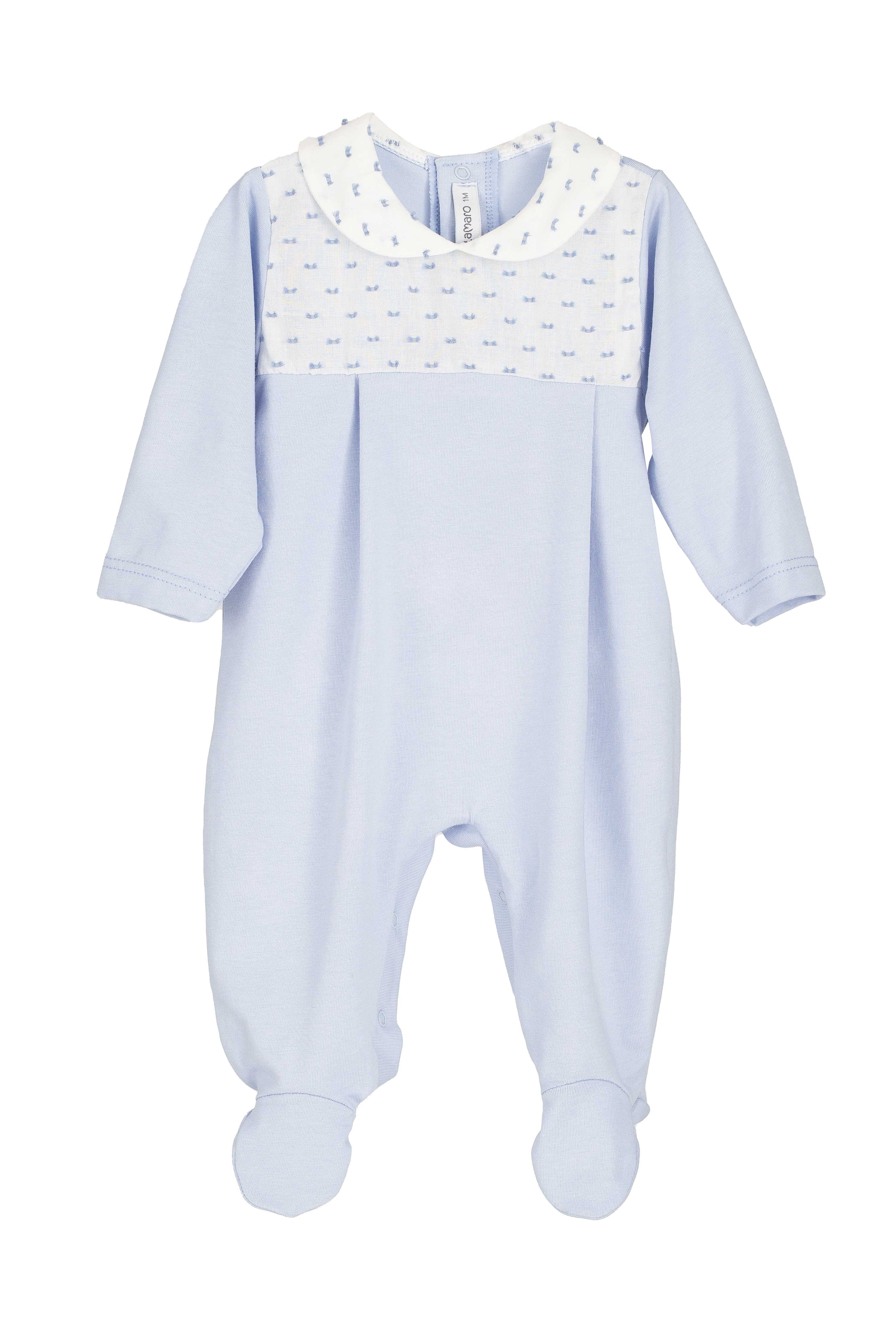 Baby boy blue cotton sleepsuit - soft fotted babygrow with classic collar detail