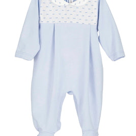 Baby boy blue cotton sleepsuit - soft fotted babygrow with classic collar detail