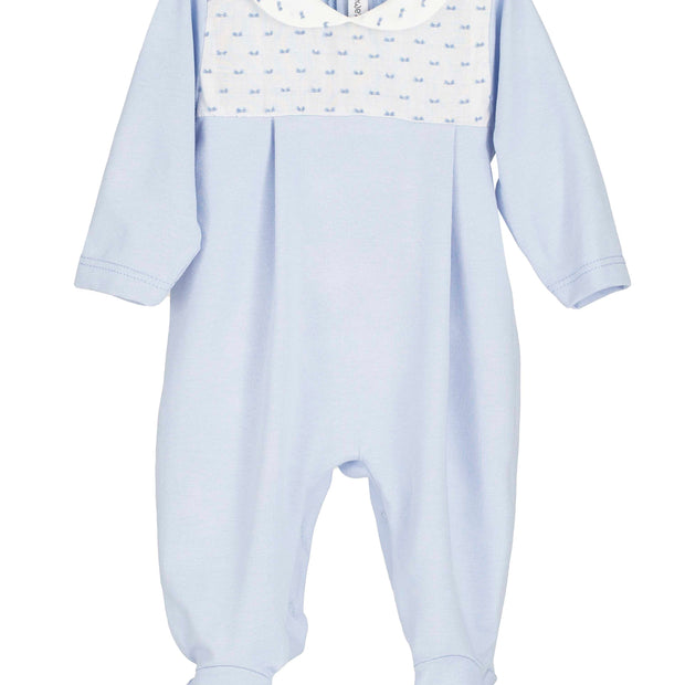 Baby boy blue cotton sleepsuit - soft fotted babygrow with classic collar detail