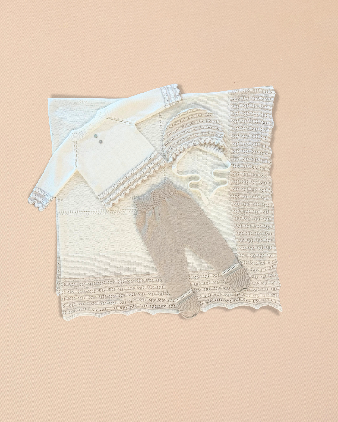 Taupe 4 Piece Set – Cardigan, Footed Pants, Bonnet & Blanket
