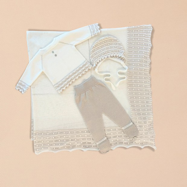 Taupe 4 Piece Set – Cardigan, Footed Pants, Bonnet & Blanket