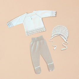 Taupe 4 Piece Set – Cardigan, Footed Pants, Bonnet & Blanket