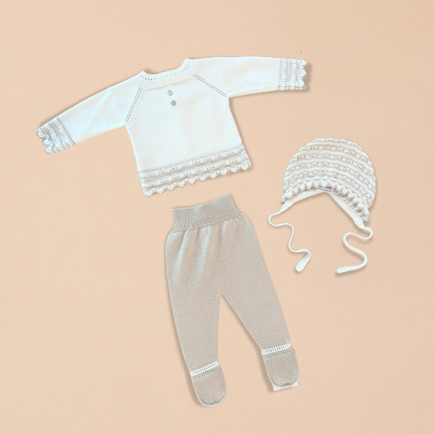 Taupe 4 Piece Set – Cardigan, Footed Pants, Bonnet & Blanket