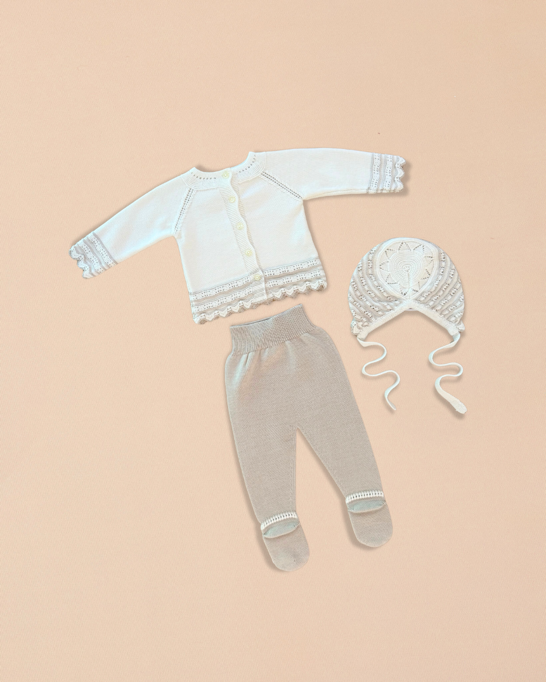 Taupe 4 Piece Set – Cardigan, Footed Pants, Bonnet & Blanket