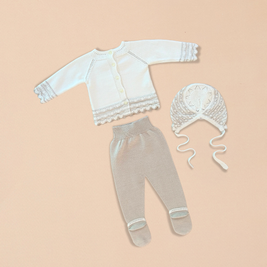 Taupe 4 Piece Set – Cardigan, Footed Pants, Bonnet & Blanket