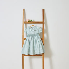 Girls Sage Green Smocked Floral Dress