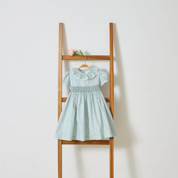 Girls Sage Green Smocked Floral Dress