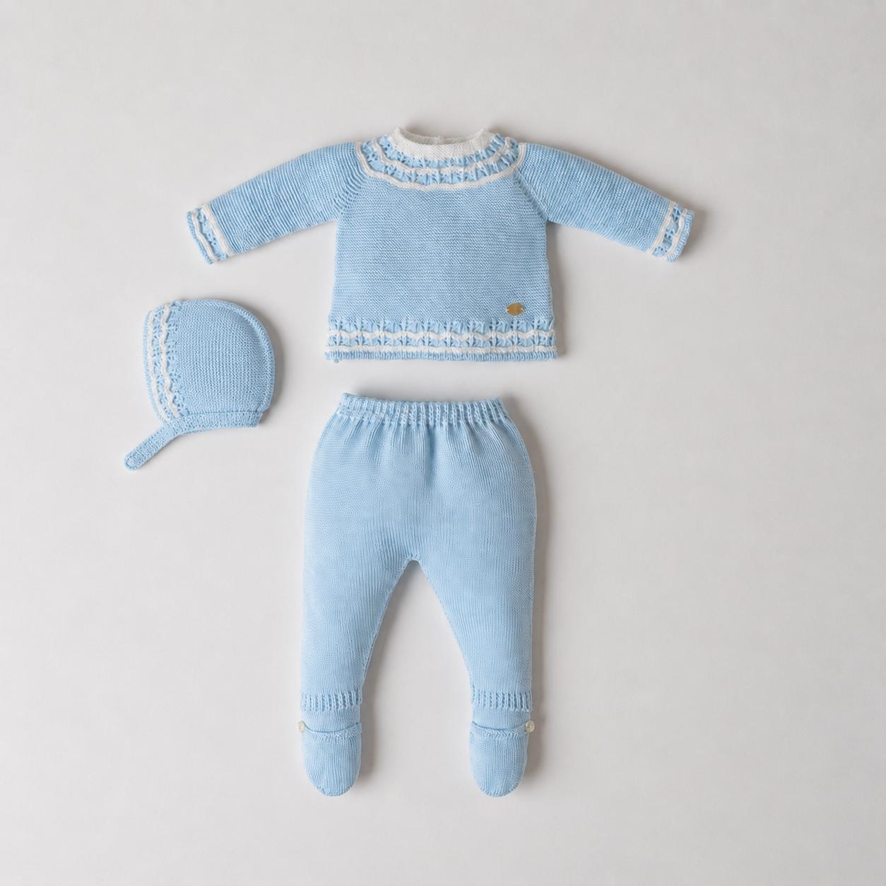 Knit Sweater, Footed Pants & Bonnet Outfit