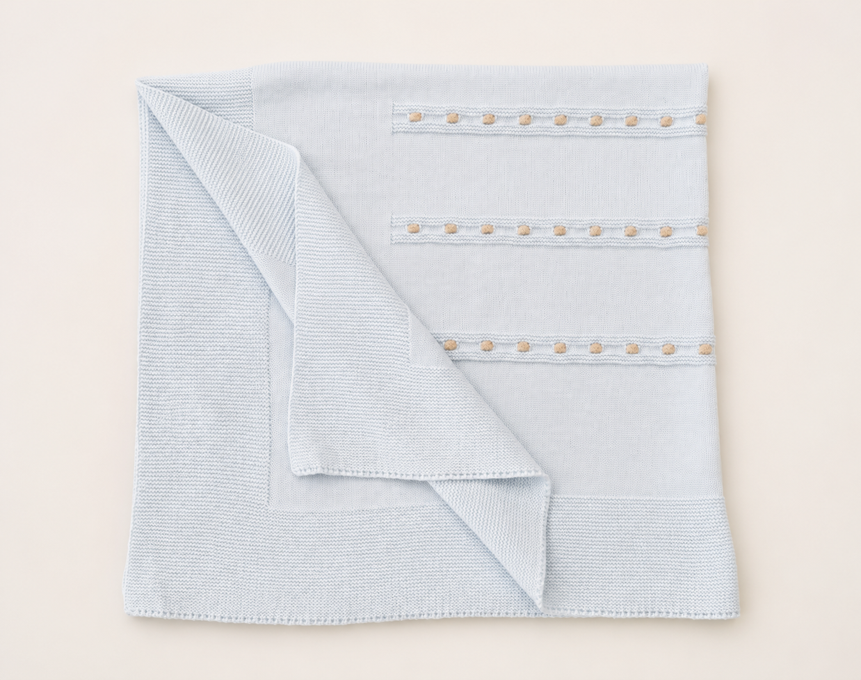 Blue Knit Baby Blanket with Beige Trim