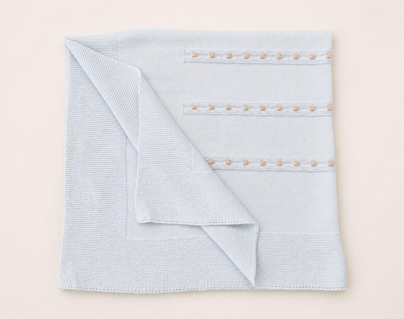 Blue Knit Baby Blanket with Beige Trim