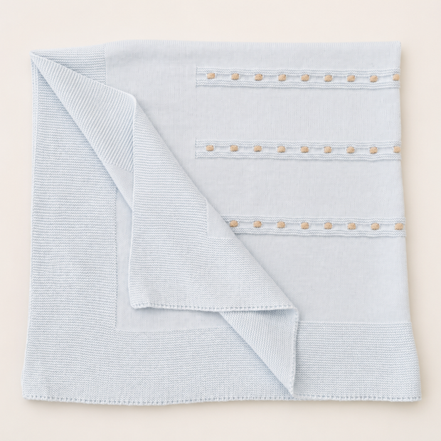 Blue Knit Baby Blanket with Beige Trim