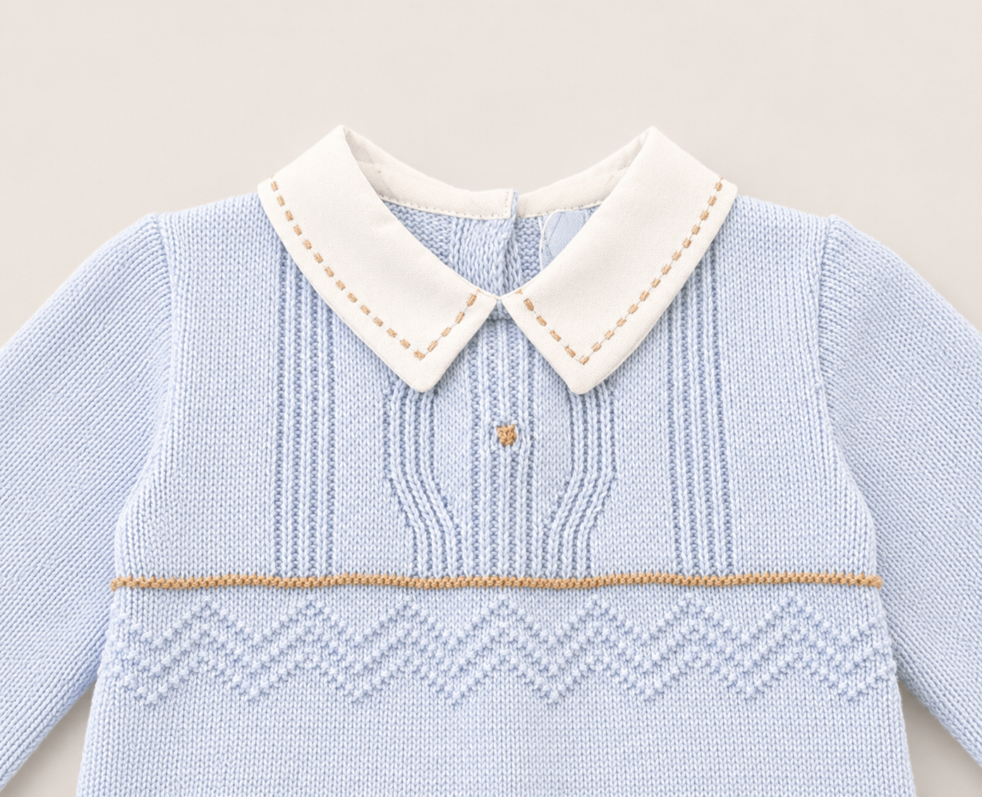 Blue Knit Baby Boy Romper with Peter Pan Collar