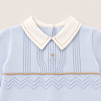 Blue Knit Baby Boy Romper with Peter Pan Collar