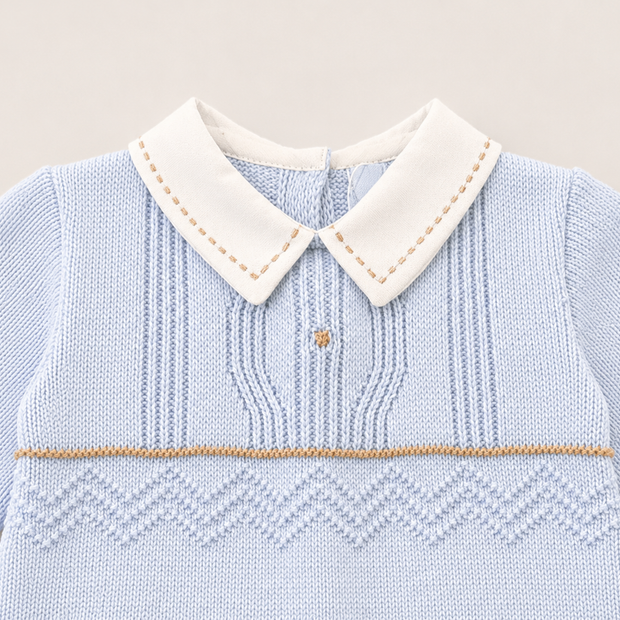 Blue Knit Baby Boy Romper with Peter Pan Collar