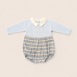 Plaid Baby Bubble Romper with Embroidered Peter Pan Collar