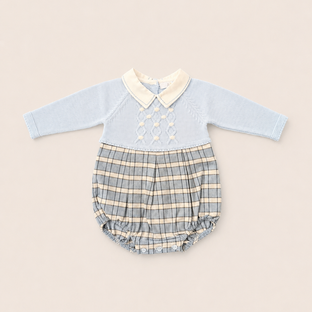 Plaid Baby Bubble Romper with Embroidered Peter Pan Collar
