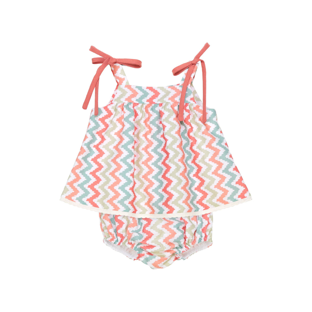 Baby Girl Summer Dress Set – Coral and Pastel Chevron