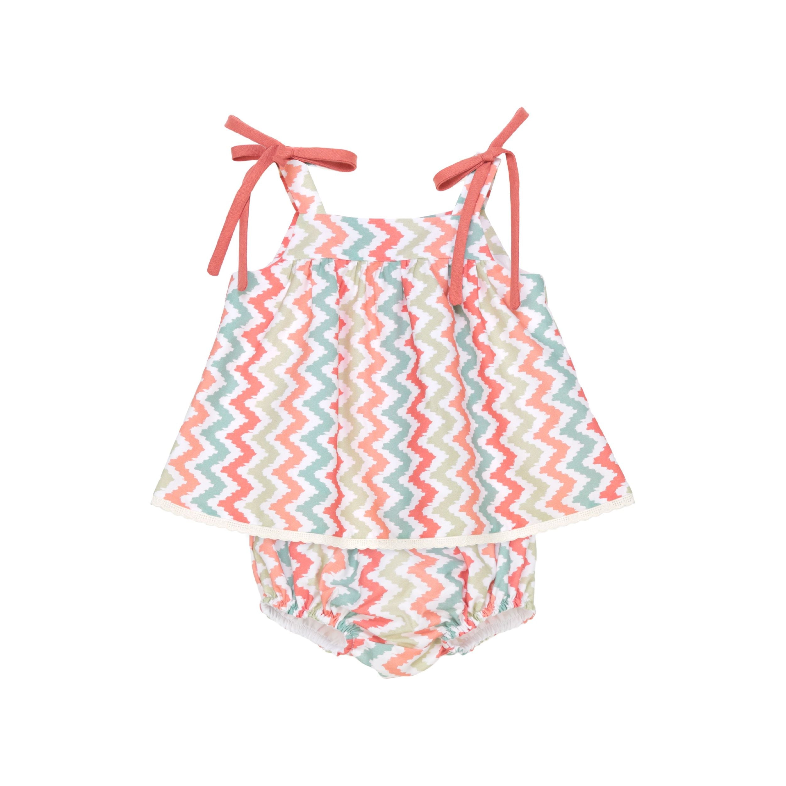 Baby Girl Summer Dress Set – Coral and Pastel Chevron