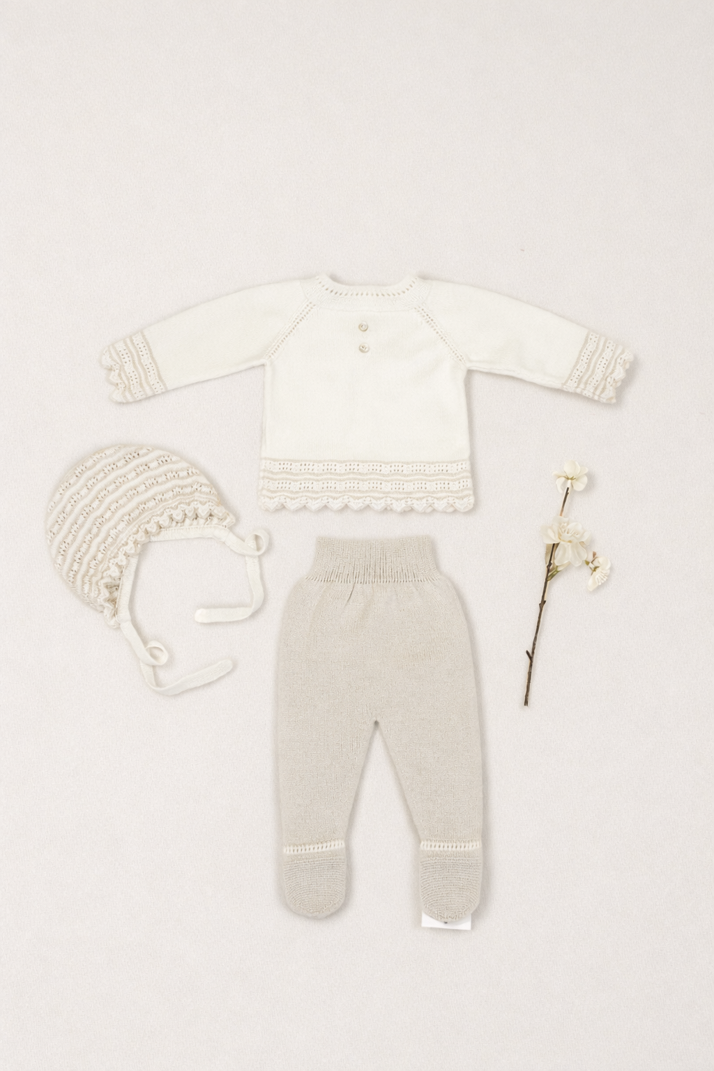 Taupe 3 Piece Set – Cardigan with Footed Pants & Bonnet