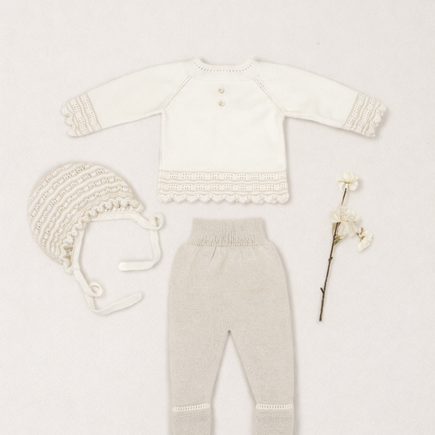 Taupe 4 Piece Set – Cardigan, Footed Pants, Bonnet & Blanket