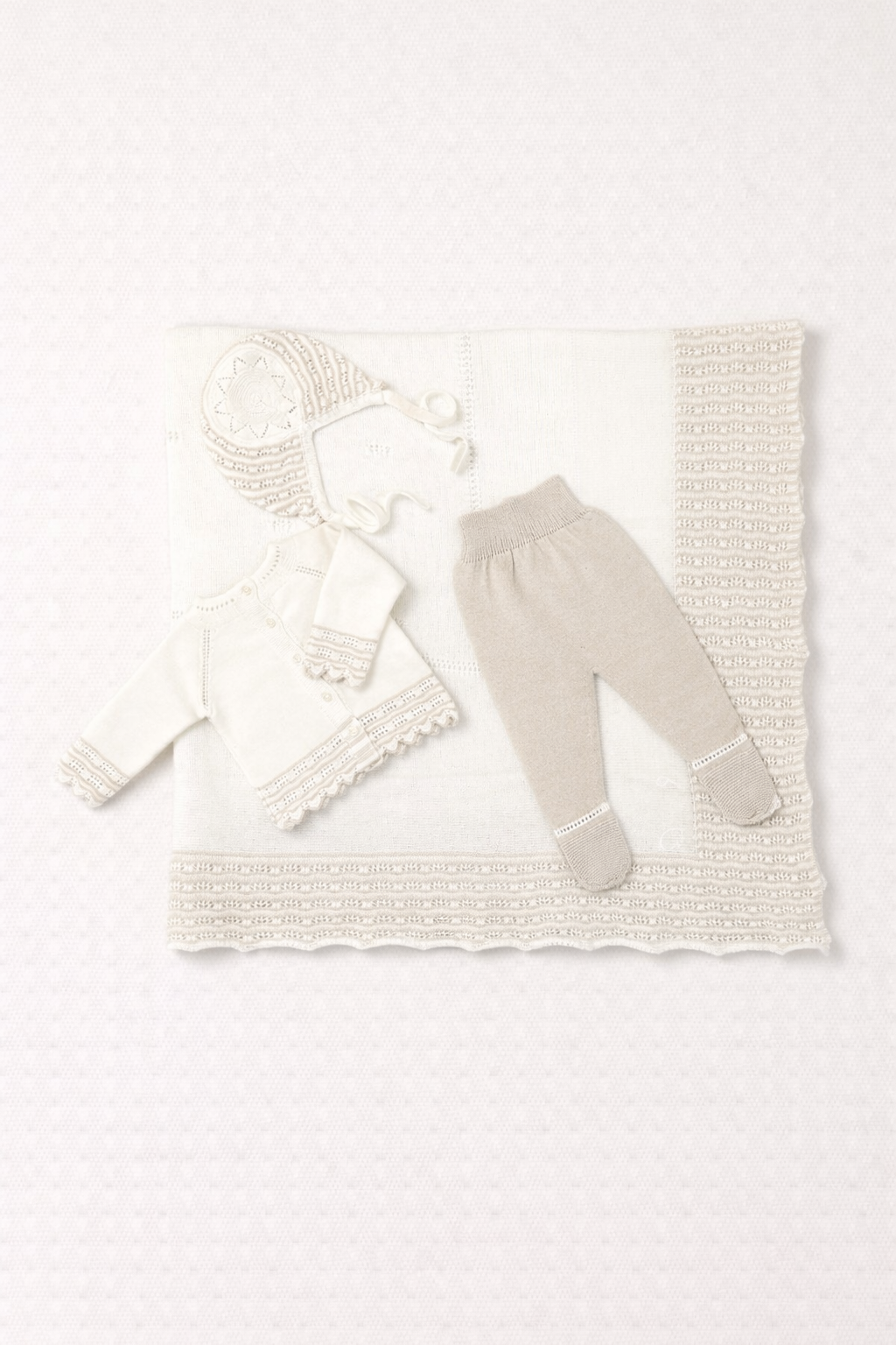 Taupe 4 Piece Set – Cardigan, Footed Pants, Bonnet & Blanket