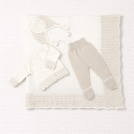 Taupe 4 Piece Set – Cardigan, Footed Pants, Bonnet & Blanket
