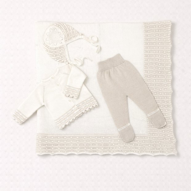 Taupe 4 Piece Set – Cardigan, Footed Pants, Bonnet & Blanket