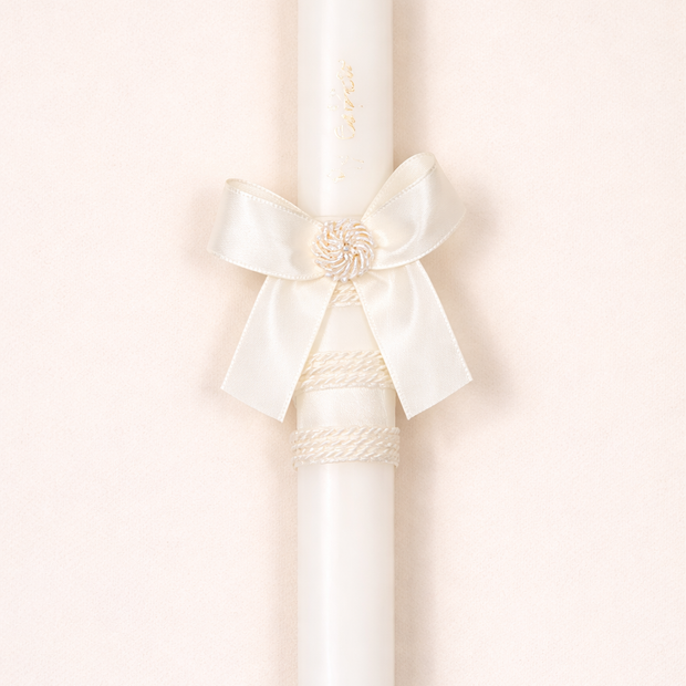 Ivory Baptism Candle with Satin Bow & Woven Details