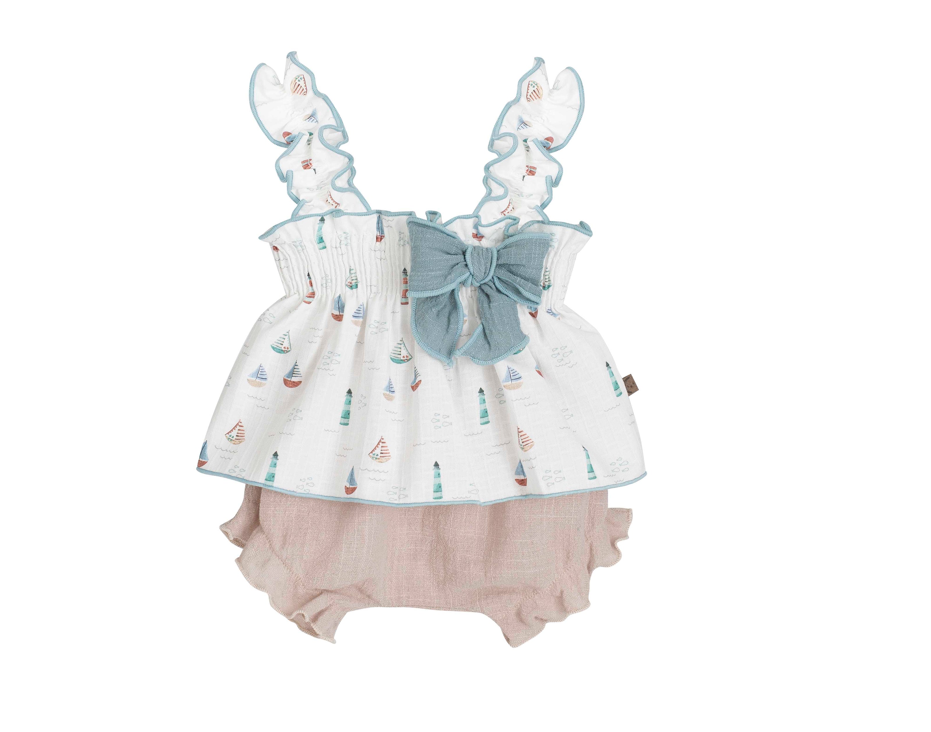 Baby girl nautical summer romper- sailboat print top with buffle bloomer set