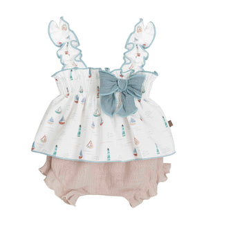 Baby girl nautical summer romper- sailboat print top with buffle bloomer set