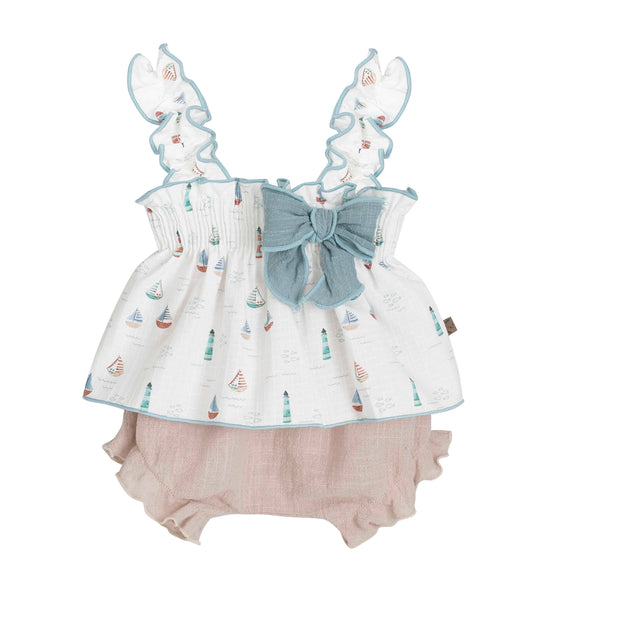 Baby girl nautical summer romper- sailboat print top with buffle bloomer set