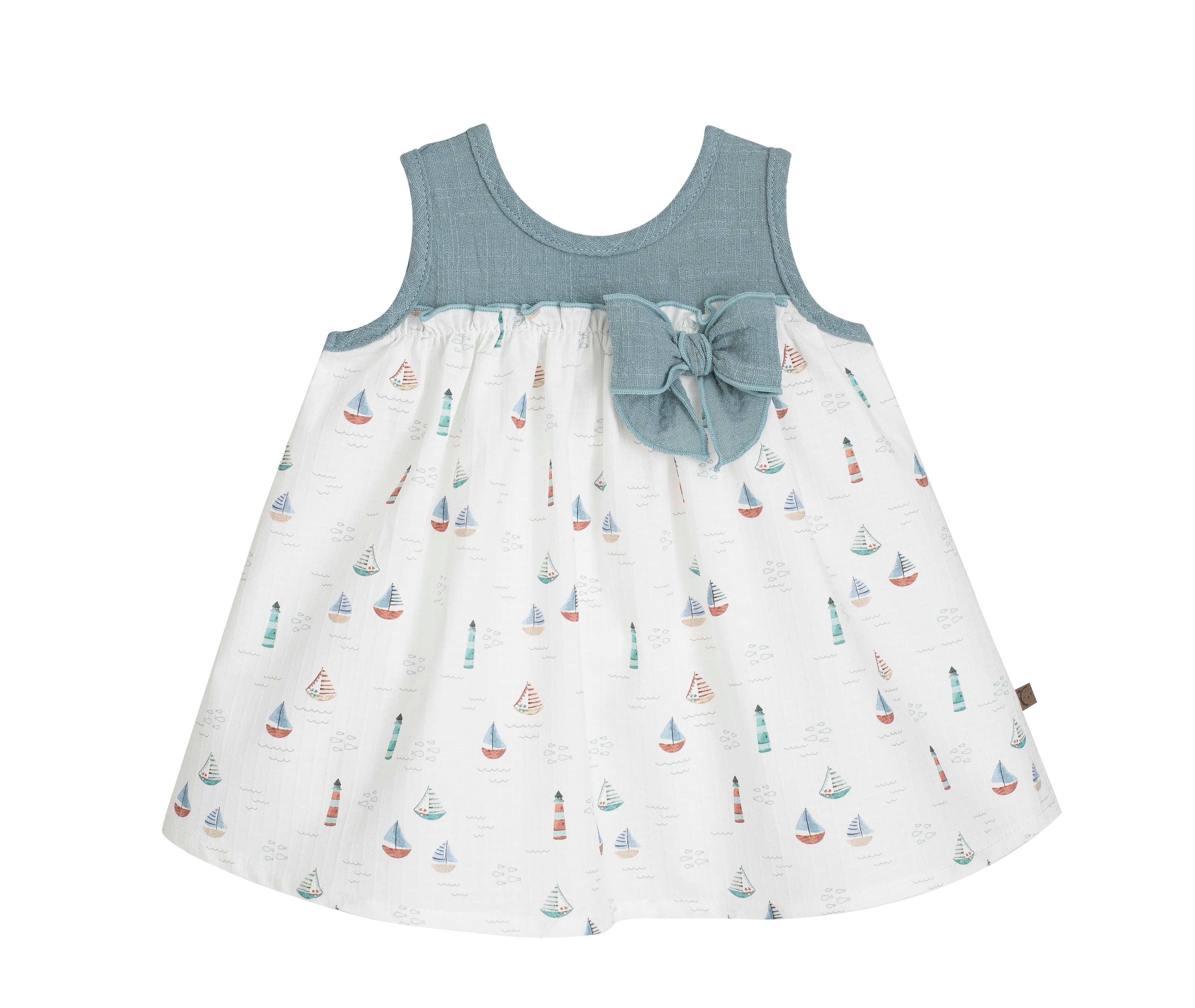 Baby girl nautical summer dress - sailboat print cotton dress with blue bow deatial