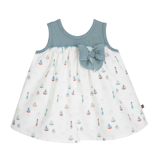 Baby girl nautical summer dress - sailboat print cotton dress with blue bow deatial