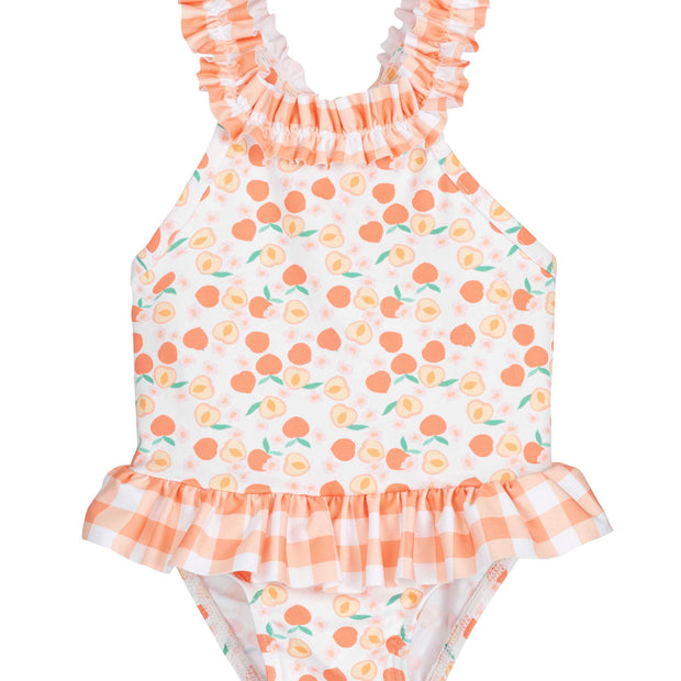 Baby girl peach print swimsuit - ruffle strap one piece infant swimwear